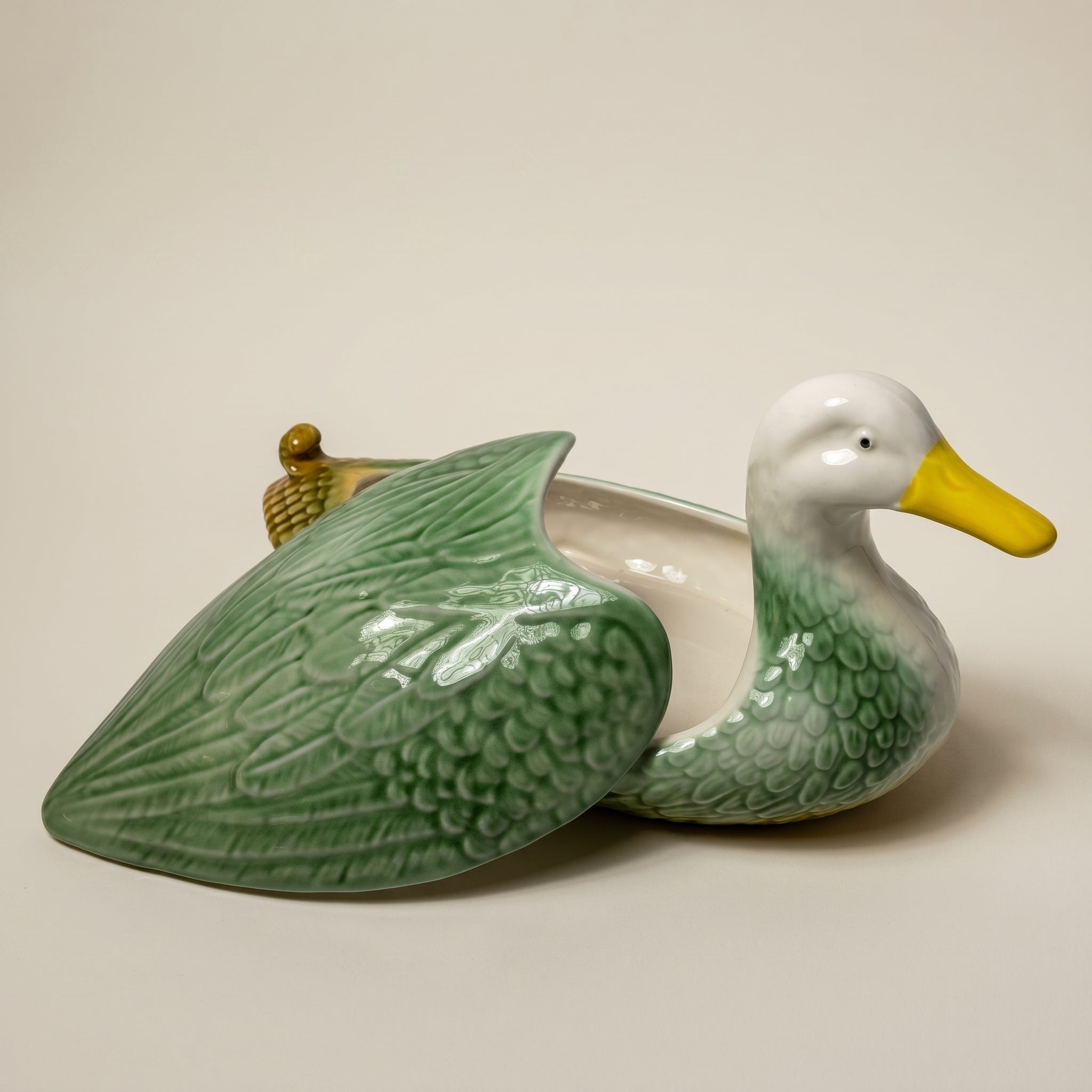 Two-part ceramic jar shaped like a duck, handmade in Portugal